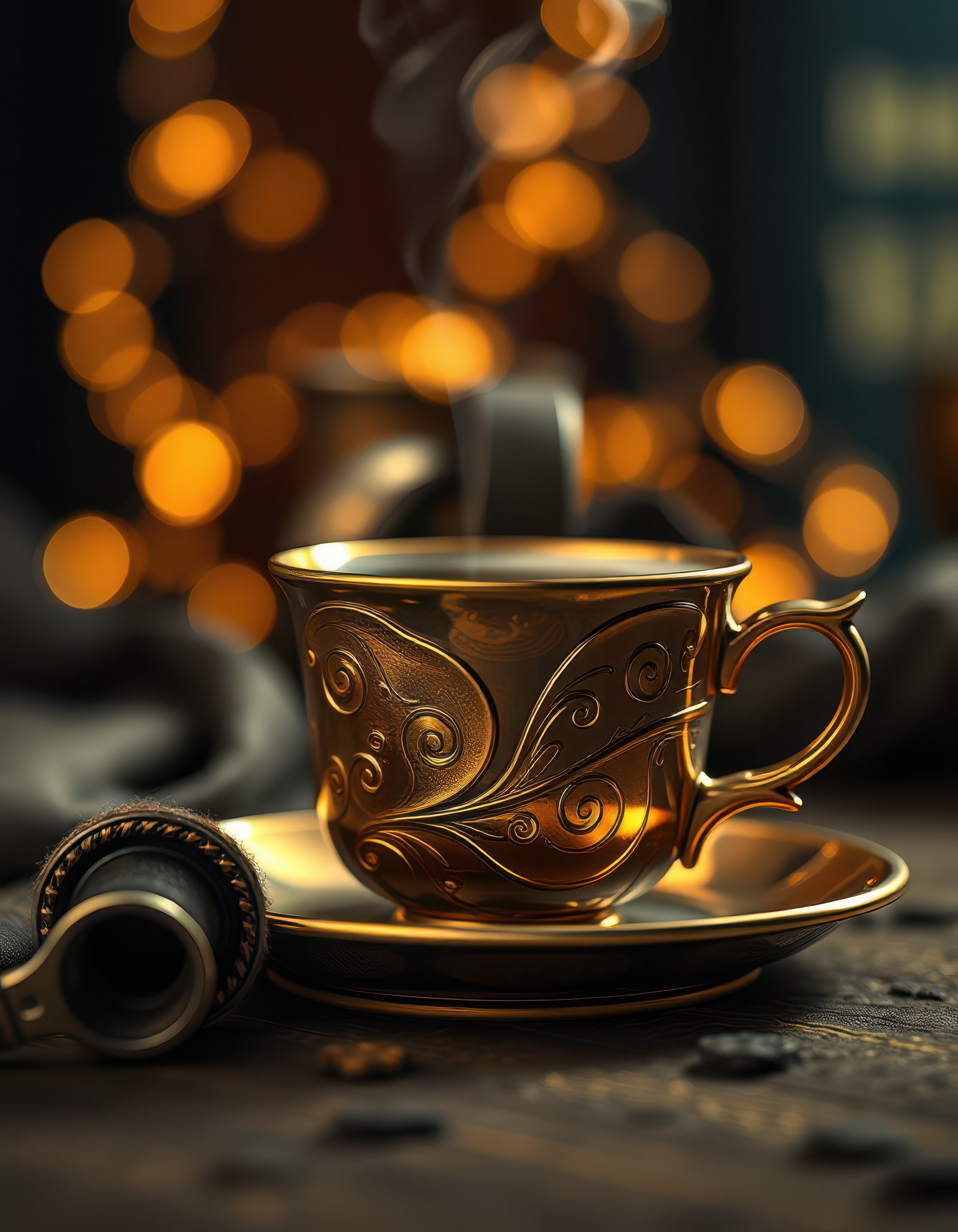 Elegant coffee cup with steam surrounded by warm lights creates a cozy atmosphere in a charming cafe